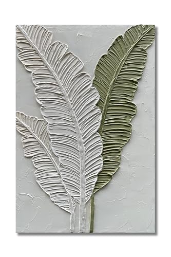 Art Hand-painted white and green leaf texture oil painting, modern abstract art. The size is 24x36 inches. It is suitable as a wall decoration for a home office, or as an art piece for display - color: Yi137
