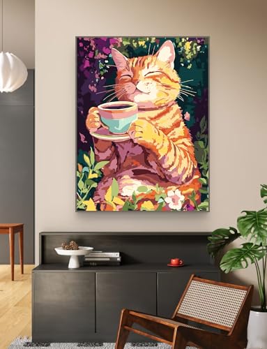ZRIZQ Paint by Numbers Kit for Adults Beginner,Cat Coffee,16x20 | Full set with wooden brushes,rolled canvas,rich paints.Calming activity.Beginner friendly.Just open and paint. - color: 16"X20"Rolled Canvas(Frameless)-Cat 8