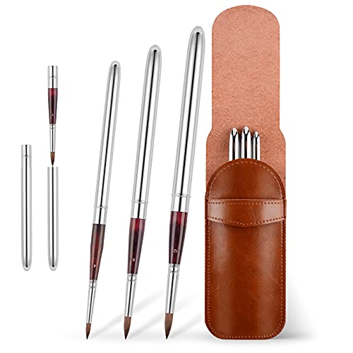 Kolinsky Travel Watercolor Brushes Sable Hair Round 3Pcs | Watercolor Paint Brush Brushes Set Portable Compact Artist Brushes with Pocket Protective Case for Art Painting, Gouache, Acrylic Painting - color: Silvery