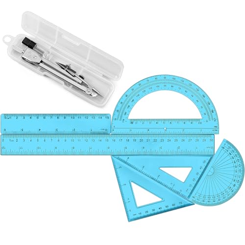 Zonon 7‑Piece Geometry Set with Drawing Compass, 6 & 4 Inch Protractors, Triangle Rulers and Straight Rulers, Transparent Math Drafting Supplies for Back to School, Students and Office Use(Blue) - color: Blue