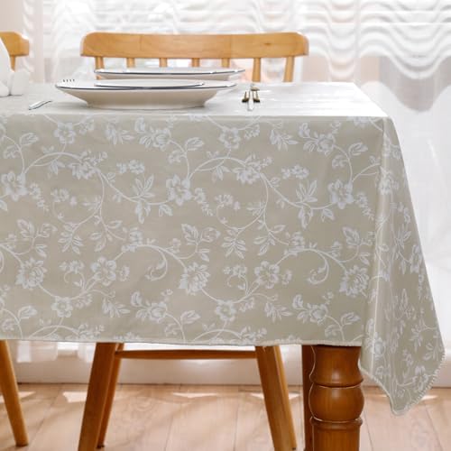 Heavy Duty Vinyl Tablecloth with Flannel Backing Waterproof Oil-Proof Plastic Table Cloth Stain-Resistant Wipeable Rectangle or Square Table Cover for Indoor and Outdoor (Beige Floral,60x84 Inch) - color: Beige Floral, size: 60" x 84" (Rectangular)