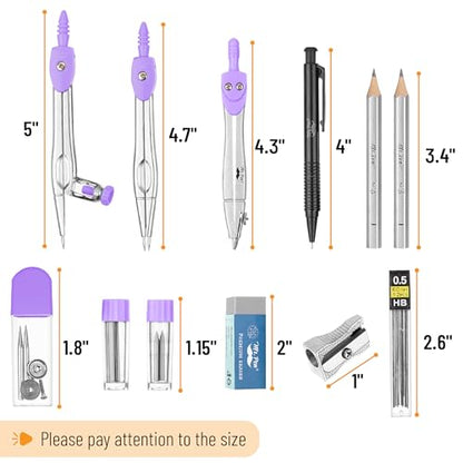 Mr. Pen- Geometry Set, 15 pcs, Purple, 6 Inch Swing Arm Protractor, Divider - color: Purple
