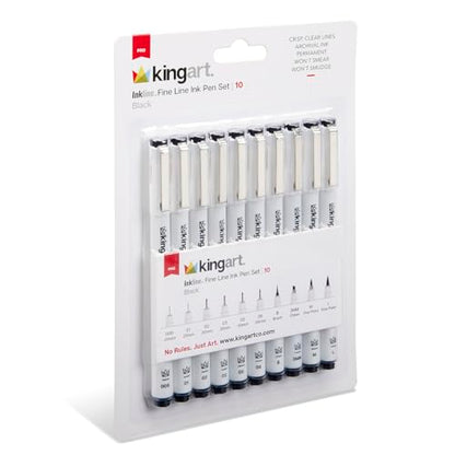 KINGART PRO Inkline Black Micro Line & Precision Graphic Pens, 10 Assorted Nibs, BLACK Archival Waterproof Japanese Ink for Art, Illustration, Calligraphy, Sketching, Anime, Technical Drawing, Manga
