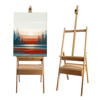 Large Solid Beech Wood Painting Easel H-Frame with Storage Drawer - color: Wooden Normal