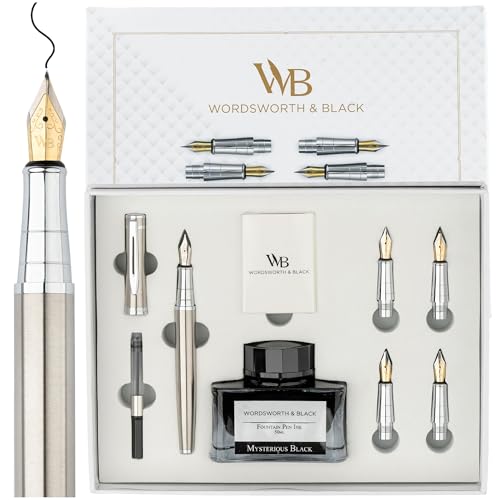 Wordsworth & Black Luxury Fountain Pen Set for Writing,6 Nibs,Silver Chrome | Fountain Ink Bottle, Cartridges & Refill Converter, Refillable, Silver, High End Gift for Men & Women, Journaling & Lettering - color: Silver Chrome