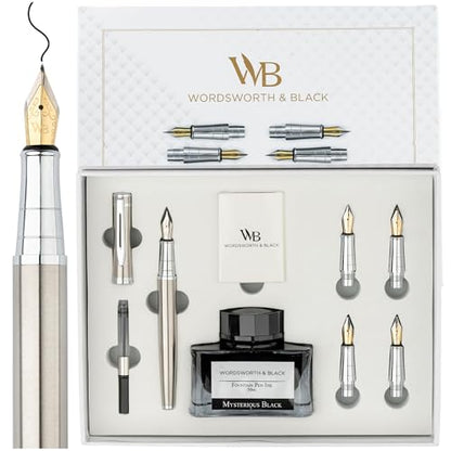 Wordsworth & Black Luxury Fountain Pen Set for Writing,6 Nibs,Silver Chrome - color: Silver Chrome