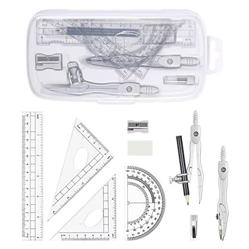Vobou Math Geometry Sets 10 Pcs, Student Supplies Kit, for School (Grey - color: White