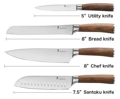 kangdelun Ultra Sharp 4-Piece Chef Knife Set, 50Cr15MoV High-Carbon Stainless Steel, Torrefied Brown Ash Wood Handles, Magnetic Gift Box