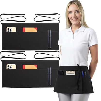 TOSHE Waist Apron 3 Pockets Waterdrop Resistant Cotton Server,Chef,Waitress - color: 2-pack-black