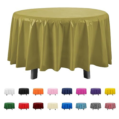 Eleclassi Gold 12 Pack Premium Round Disposable Tablecloth - 84 Inch Round Plastic Table Cloths for Parties - color: Gold, size: 12 Pack Round