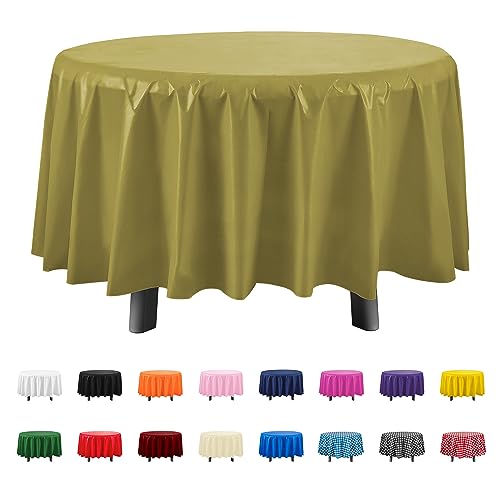 Eleclassi Gold 12 Pack Premium Round Disposable Tablecloth - 84 Inch Round Plastic Table Cloths for Parties - color: Gold, size: 12 Pack Round