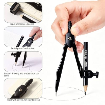Plastic Geometry Math Set,12 Inch Ruler,Compass,Pencil,Protractor Square | Sharpener Set for Student School Office