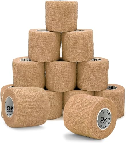OK TAPE 12 Rolls Self Adhesive Bandage Wrap, Cohesive Elastic Athletic Tape - color: Beige, size: 2 Inch