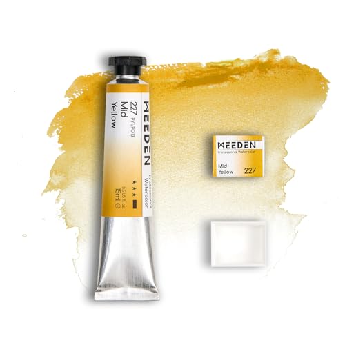 MEEDEN Professional Artist Watercolor Paint: Mid Yellow - 15ml/0.5oz | Water Color Tube, Semi-Moist Pigment Half Pan and Empty Matching Half Pan for Artists Pros - color: Mid Yellow