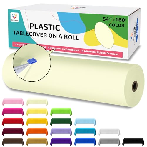 54IN X 160FT Plastic Table Cover Roll with Cutter Box, Cut to Size Plastic Table Cloths for Parties, Birthday, (Beige, 54"x1920") - color: Beige, size: 1920" x 54" (Rectangular)