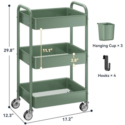 YASONIC 3-Tier Rolling Cart, Green, 66 Pounds Capacity, Mesh Storage Organizer with Lockable Wheels, 3 Hanging Cups, 4 Hooks, Easy Assembly, for Kitchen, Bathroom, Laundry, Grocery | Sturdy Rolling Storage Cart With Hooks & Hanging Cups, Great For Craft,