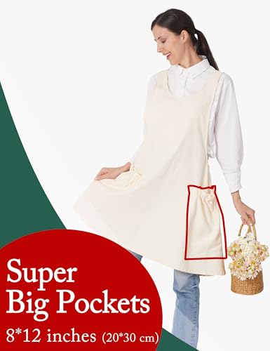 Cozy Adjustable Cross Back Aprons for Women with Pockets Cotton Linen Cooking Kitchen Baking - color: Creamy White