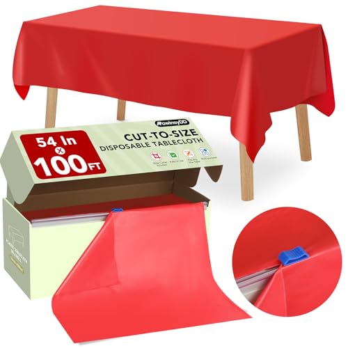 RowinsyDD 54 in X 100 FT Red Plastic Table Cover Roll with Slide Cutter | Disposable Plastic Table Cloths,Disposable Table Cloths Disposable for Dinning, Parties, BBQ, Wedding, Birthdays, Outdoor - color: Red, size: 1200" x 54" (Rectangular)