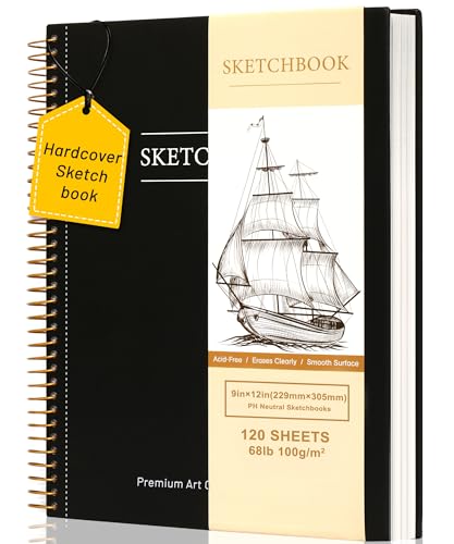 Yoment 9"x12" Hardcover Sketchbook for Drawing，120 Sheets，100GSM | Black,Spiral Bound Sketch Pad Premium Art Sketchbook Artistic Drawing Paper Pad for Kids Adults Beginners Artists - color: 4-Black, size: 9 x 12