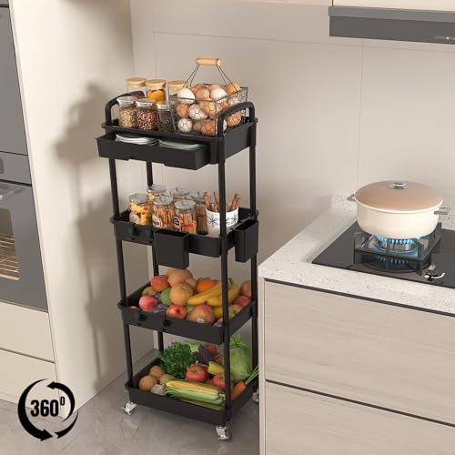 4 Tier Rolling Utility Cart with Drawer, Plastic Storage Organizer Rolling Carts with Wheels Handles Hanging Cups Hooks for Office, Bathroom, Kitchen,Craft Art Room (Black) - color: Black, size: 4-Tier