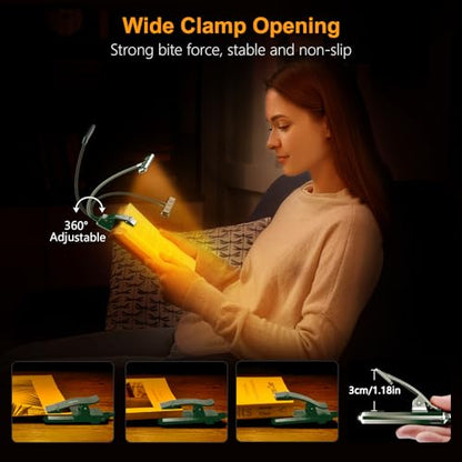Gritin 19 LED Rechargeable Book Light for Reading in Bed | Eye Caring 3 Color Temps,Stepless Dimming Brightness,Memory Function,90 Hrs Runtime Lightweight Clip on Light-Dark Green - color: Dark Green