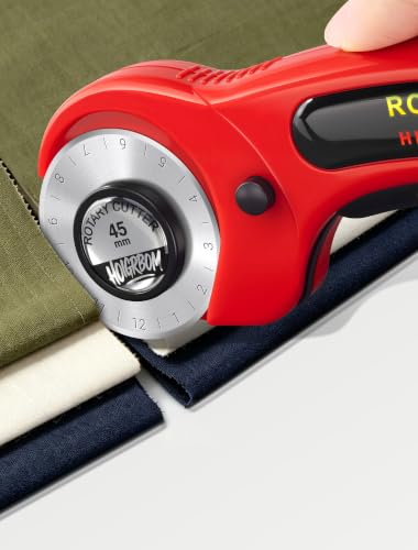45mm Fabric Rotary Cutter with 5 Extra Blades, Ergonomic Handle | 45mm rotary cutter with five extra blades, ergonomic grip and safety lock for quilting, sewing, leather and crafts.