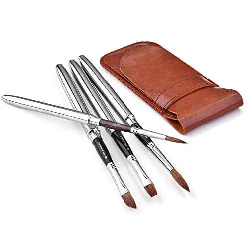 Kolinsky Travel Watercolor Brushes Sable Hair Round 4Pcs | Watercolor Paint Brush Travel Brushes Set Portable Artist Brushes with Pocket for Art Painting, Gouache, Acrylic Painting Oil Painting - color: Silvery-4