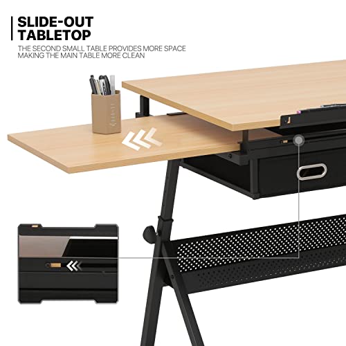 39‘’ Adjustable Drafting Table & Stool Set with Storage, Natural | Versatile Art Desk and Craft Center Home Study Room Artist Desk - color: Natural/Black