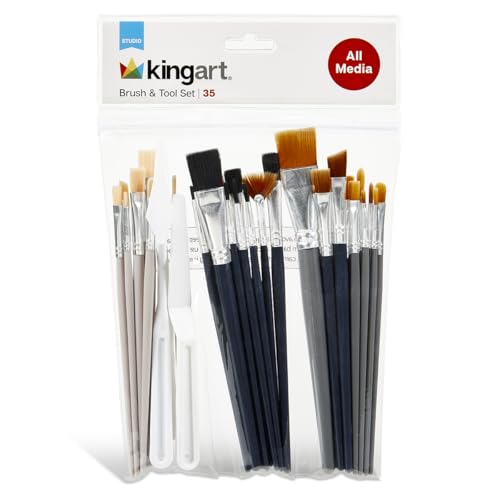 KINGART 35-Piece Studio Brush & Tool Set with Pouch – Includes 33 Multi-Media Brushes (Nylon, Bristle), 2 Palette Knives for Acrylic, Watercolor, Oil, Gouache Painting, Illustration, and DIY Crafts