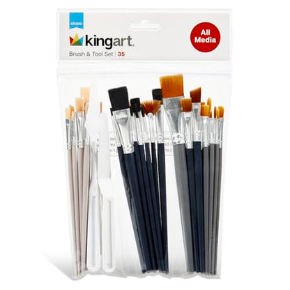 KINGART 35-Piece Studio Brush & Tool Set with Pouch – Includes 33 Multi-Media Brushes (Nylon, Bristle), 2 Palette Knives for Acrylic, Watercolor, Oil, Gouache Painting, Illustration, and DIY Crafts