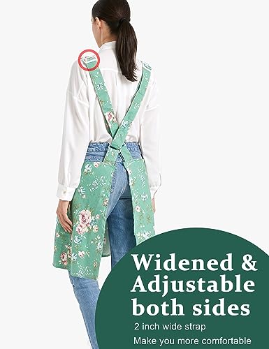Cozy Adjustable Cross Back Aprons for Women with Pockets Cotton Linen Cooking Kitchen Baking - color: Rose Flowers