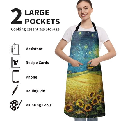 Fall Aprons Golden Sunflower Wheat Field Under Van Gogh Starry Night Apron with Pockets Adjustable Strap Autumn Kitchen Chef Apron Art Apron for Painting Crafting Cooking Barbecue Sewing - color: Fall Starry Night