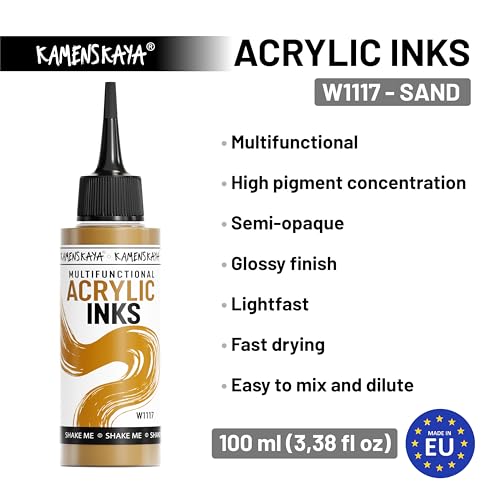 Kamenskaya Acrylic Inks, 'Sand' Acrylic Ink, 3.38 Fl Oz (100 ml) | Highly Concentrated, Multifunctional Liquid Acrylic Paint - color: Sand