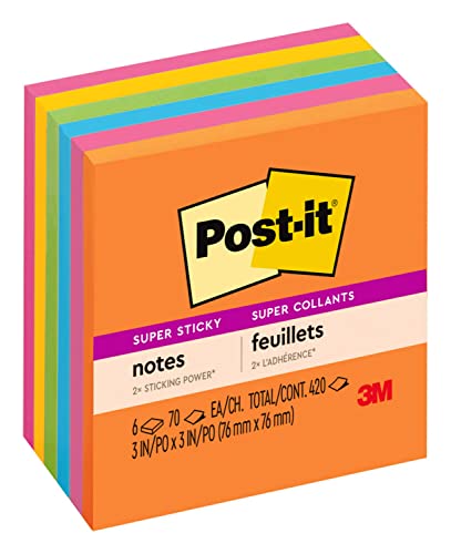 Post-it Super Sticky Notes, 3x3 in, 6 Pads, 2X The Sticking Power, Energy Boost Collection, Bright Colors (Orange, Pink, Blue, Green,Yellow),Recyclable (654-6SSAU) & Super Sticky Big Notes