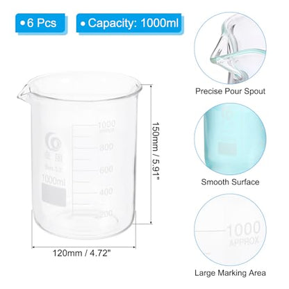 PATIKIL 1000ml Low Form Glass Beaker, 6Pcs 3.3 Borosilicate Glass Beakers Graduated Measuring Cup with Spout for Lab Experiment, Cooking and Baking, Clear - size: 1000ml