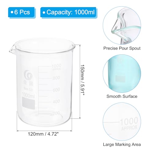 PATIKIL 1000ml Low Form Glass Beaker, 6Pcs 3.3 Borosilicate Glass Beakers Graduated Measuring Cup with Spout for Lab Experiment, Cooking and Baking, Clear - size: 1000ml