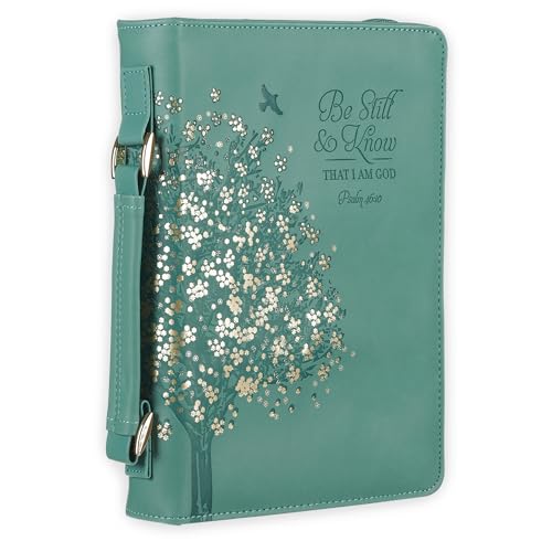 Christian Art Gifts Faux Leather Bible Cover: Be Still & Know Teal Floral | Psalm 46:10 Bible Verse, Handle, Sleeves, Pocket Storage, Pen Loops, Zipper, Encouragement Gifts for Women, Medium - size: Medium