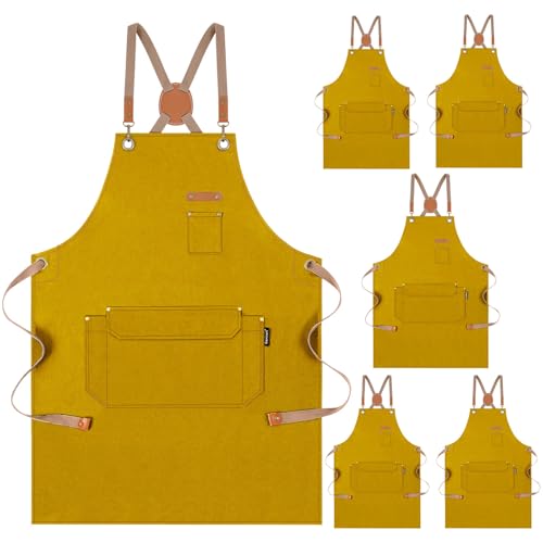 Genixart Chef Apron Men Women, Kitchen Aprons Cooking, BBQ - Yellow, 6 Pack | Box Packed, Cotton Canvas, Cafe, Bar, Workshop, Restaurant, Water & Oil Stain Resistant, Cross Back Adjustable, Large Pockets - color: Yellow, 6 Pack