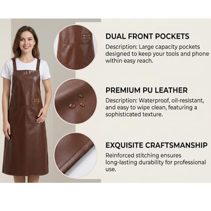 Waterproof Apron Large Pocket PU Material Waterproof Oil-proof Dust-proof Apron Black and Red - color: Brown（long）