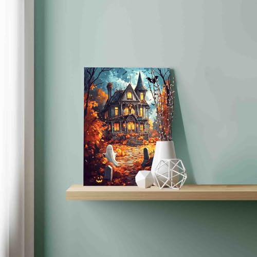 Halloween Spooky Castle Scenery Paint by Number Kit 16 x 20 inch Canvas Pumpkins Bats Witch Halloween DIY Oil Painting for Adults Beginner with Brushes and Acrylic Pigment-Witch's Night(without Frame) - color: Pbn Halloween 09, size: 16''x20''(Frameless)