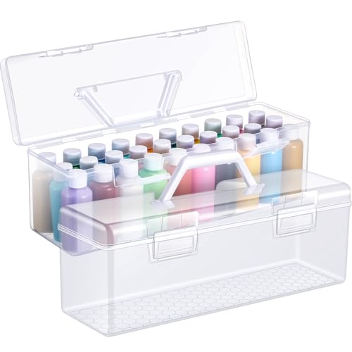 Threehoney 2 Pcs Acrylic Paint Storage Box for 2 Fl. oz Acrylic Paints, Portable Craft Art Organizer with Handle, 30 Bottles Capacity Plastic Art Supply Clear Boxes (White) - color: White