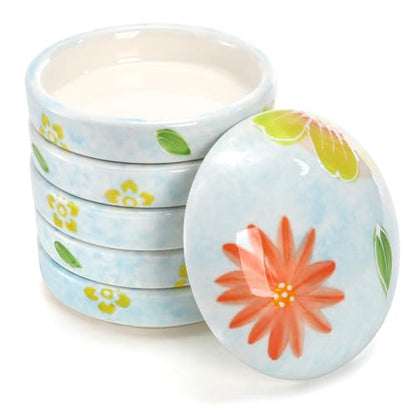 Yesland Ceramic Paint Palette, 5 Layers Stackable Mixing Trays Set, Round Porcelain Watercolor Palettes Sauce Dishes with Lid for Artist Gouache Pigment Chinese Watercolor Ink Mixing, Flower Pattern