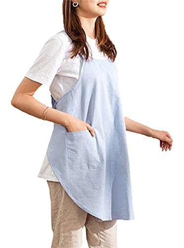 Cotton Cross Back Aprons Solid Color Cooking Kitchen Garden Smock for Women Girls with Pockets - color: Blue