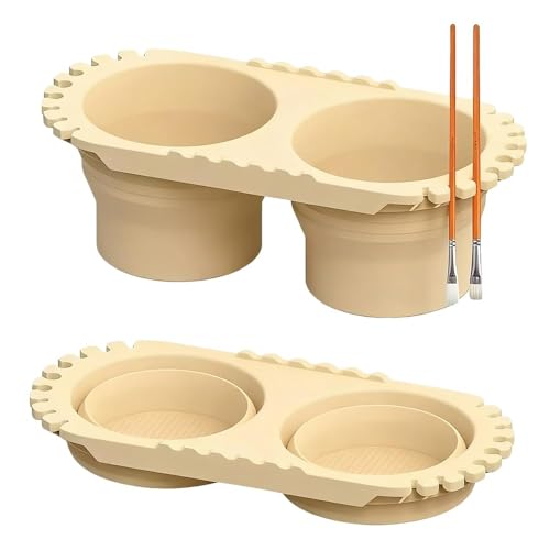 Beige Dual Compartment Paint Brush Cleaning Cup,Collapsible Paint Water Cup & Brush Cleaner with Brush Holder, Squeegee Lips & Drip Tray for Acrylic, Watercolor & Art Supplies