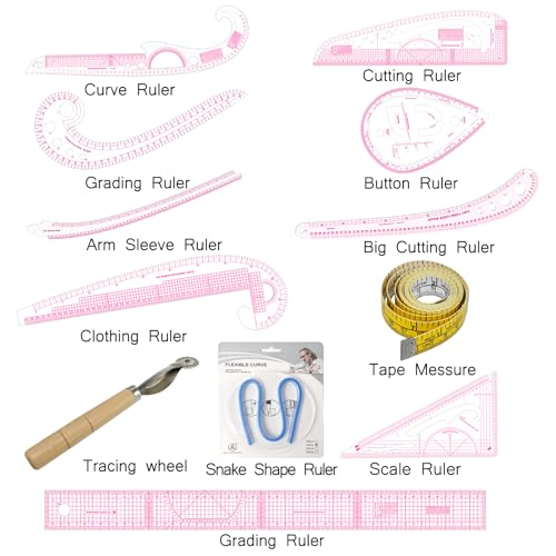 12PCS Sewing Curve Ruler Set Soft Patchwork Ruler for Beginners, Tailors, Designers, Quilting, Embroidery, Cross Stitch, Crochet, Knitting - color: 12pcs Pink Ruler