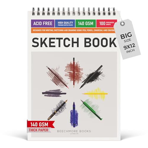 Beechmore Books 9x12 Top Spiral Sketchbook 140 GSM 100 Perforated Pages | Acid-Free White Paper, Artist Sketch Pad & Drawing Notebook, Art Supplies for Adults, Artists, Students & Teens - size: A4 (9" x 12")
