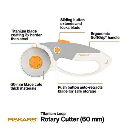 Fiskars 60mm Loop Titanium SoftGrip Rotary Cutter for Fabric & Sewing | Ergonomic Loop Handle Improves Control, Cuts Thick Materials, Easy and Safe Blade Changes, Sewing & Quilting Tools