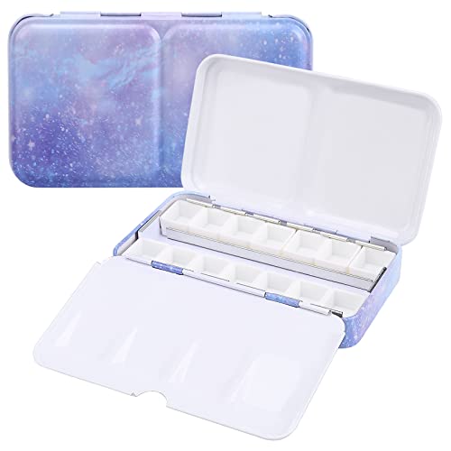 Empty Watercolor Palette, Empty Watercolor Tin with Fold Out Palette, Small Purple Watercolor Tray Palette with 14 Empty Half Pans for Plein Air Painting and Sketching - color: Galaxy, size: 14 Empty Half Pans