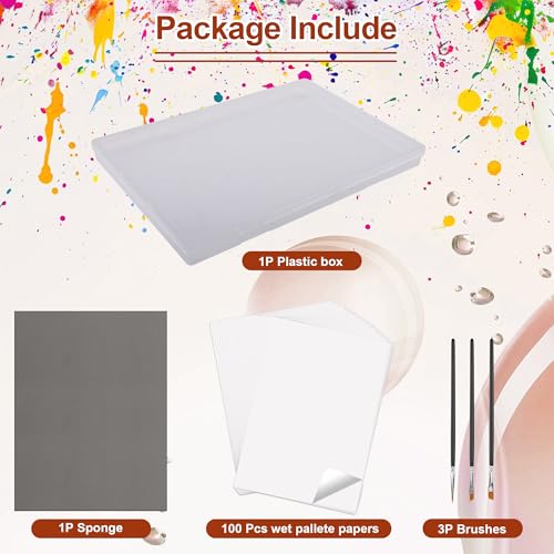 105P Stay Wet Palette for Acrylic Painting Miniatures Paint Pallet | Long Time Keep Wet, Reusable & Save Paint, 100P Palette Paper, 1 Keep Paint Moist Sponge, 3P Miniatures Brush, 1P plastic box