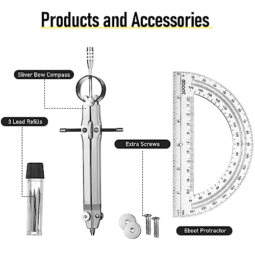 EBOOT Student Geometry Math Set, Metal Drawing Compass and 6 Inch Clear Swing Arm Protractors 180 Degree Math Protractor(Silver) - color: Silver